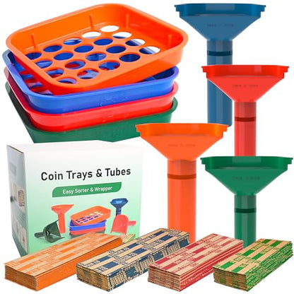 LLIKED Coin Sorter Tray & Tube Set - 4 Trays + 4 Tubes + 100 Wrappers