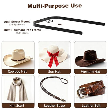 2-Pack Metal Hat Rack for Wall Mount – Space-Saving Cowboy Hat Holder & DIY Wall Display Hanger – Compact Hat Organizer with Screws, Black (No wooden board) - color: Black-2 Hats