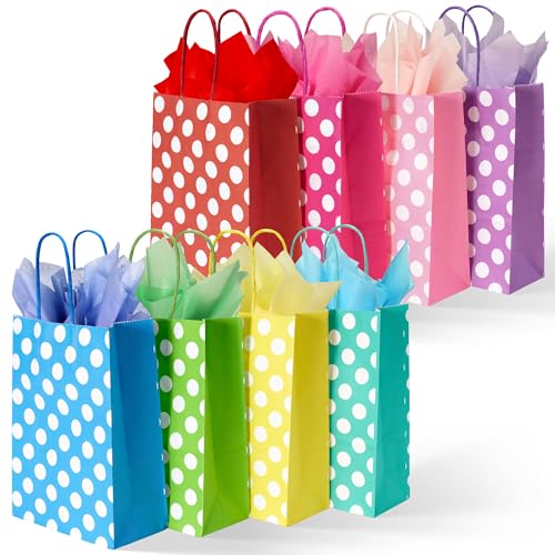 BLEWINDZ 32 Pieces Small Gift Bags with 32 Tissues, 8 Colors Rainbow Party Favor Bags with Handle for Birthday, Wedding and Party Celebrations (Polka Dots) - color: 08-Dots-S