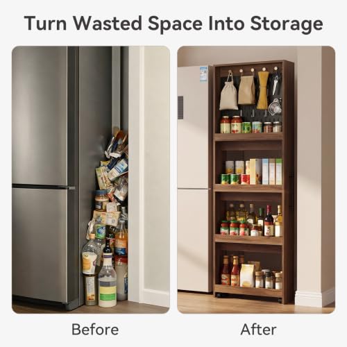 Pull Out Pantry Storage Cart Next to Fridge, Rolling Utility Cart on Wheels - color: Brown&black