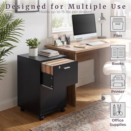 Lavish Home 2-Drawer Wooden File Cabinet with Lock, Black, 16” x 27” - color: Black, style: Silver Hardware