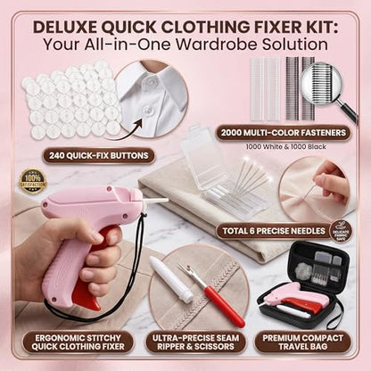 ASEER Micro Stitch Gun No Sew Kit 6 Needles 2000 Fasteners 200 Buttons - color: Pink