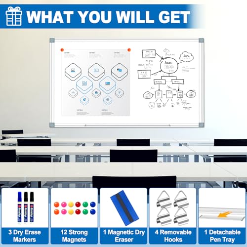 Max-officoo White Board Dry Erase Whiteboard for Wall 72" x 48" Aluminum Presentation Magnetic Whiteboards with 4 Hooks, 12 Magnets, 3 Markers & 1 Eraser - size: 72"x48"