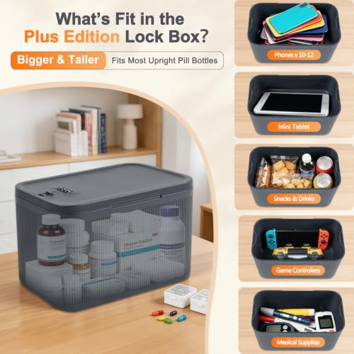 Upgraded Taller Lock Box for Medication, Phone Jail & Snacks – Large Lockable Storage Box with 3-Digit Combination Lock, Food-Safe BPA-Free Plastic– Medicine Lock Box for Home, Fridge, Travel - color: Gray Plus