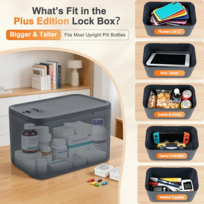 Upgraded Taller Lock Box for Medication, Phone Jail & Snacks – Large Lockable Storage Box with 3-Digit Combination Lock, Food-Safe BPA-Free Plastic– Medicine Lock Box for Home, Fridge, Travel - color: Gray Plus