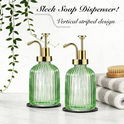 SheeChung 12oz Green Glass Liquid Soap Dispenser, Gold Pump, Striped,1 Pack - color: Green, Gold Pump, 1pc