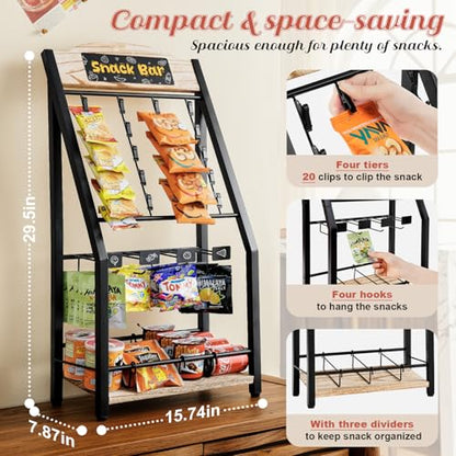 Pinzoveco Chip Rack Display Stand, 4 Tiers 20 Clips Snack Organizer, 4 Hanger Strips Hooks Snack Candy Countertop Organizer Snack Holder, Portable Retail Display Shelf for Store, Kitchen, Party