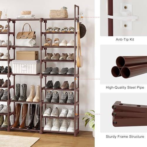 WOWLIVE 9 Tier 3-Column Shoe Rack, 50-55 Pairs Stackable Brown - color: Brown, size: 3 Row 9 Tier
