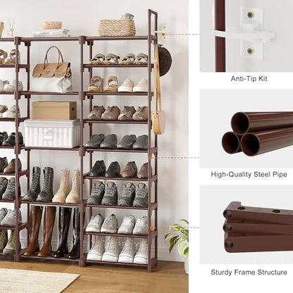 WOWLIVE 9 Tier 3-Column Shoe Rack, 50-55 Pairs Stackable Brown - color: Brown, size: 3 Row 9 Tier