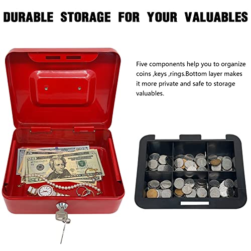 Steel Cash Box with Key Lock, Metal Small Money Organizer with Money Tray,Cash Storage Box with Lockable Cover (Red - 8 inch) - color: Red - 8 inch