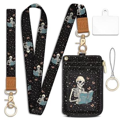 Lanyard Wallet with Id Badge Holder Keychain Card Women Skeleton - color: Skeleton Book