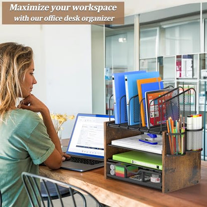 DAOUTIME 4-Tier Mesh Desk Organizer, Wooden Desk File Organizer with 5 Vertical File Holders and 2 Pen Holders, Desktop Organizers and Accessories with Drawer for Home Office (Pack of 2) - size: With Drawer (Pack of 2)