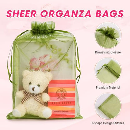 ANZNKU 50 Pcs Large Organza Bags 8x12, Green Small Mesh Gift Bag Drawstring - color: Green