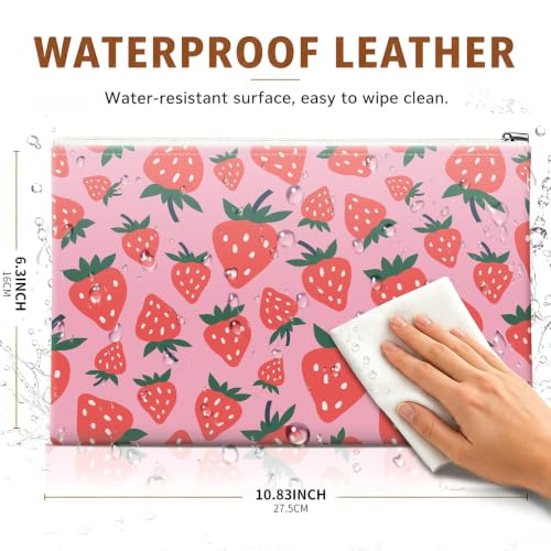Money Bag with Zipper, Cute PU Leather Cash Bags, Portable Bank Bag Money Pouch for Cash, Coins, Checks, Receipts, Invoices Cosmetics Tools, Deposit Bag for Office Travel, Pink Strawberry - color: Pink Strawberry