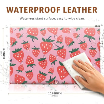 Money Bag with Zipper, Cute PU Leather Cash Bags, Portable Bank Bag Money Pouch for Cash, Coins, Checks, Receipts, Invoices Cosmetics Tools, Deposit Bag for Office Travel, Pink Strawberry - color: Pink Strawberry