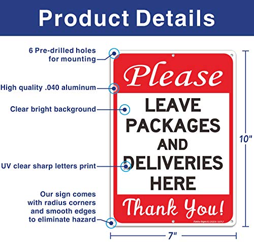 Please Leave Packages and Deliveries Here Sign 2 Pack, 10 x 7 Inches .40 Rust Free Aluminum, UV Protected, Weather Resistant, Waterproof, Durable Ink, Easy to Mount - color: Red Black on white - 10 x 7 inch Aluminum - 2 Pack