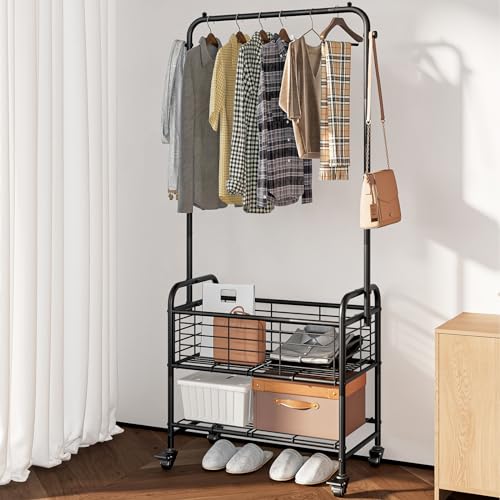 SUOERNUO Laundry Cart with Basket Hanging Rack Sorter with Wheels Shelf - color: Black