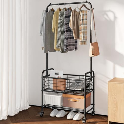SUOERNUO Laundry Cart with Basket Hanging Rack Sorter with Wheels Shelf - color: Black