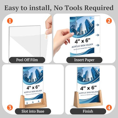 EHWINE 4 Pack 4x6 Acrylic Sign Holder with Wood Base, 2-in-1 Vertical & Slant Back Display, U-Shaped Clear Menu Holder Stand with Non-Slip Base Pads for Table, Desk, Countertop, Restaurant - size: 4 Pack 4x6 In