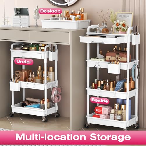 Goovilla Rolling Makeup Organizer Cart with Removable Drawer, 4 Tier White - color: White, size: 4 Tier