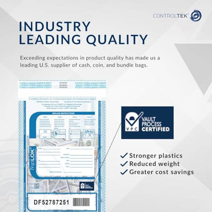 ControlTek TripLok Tamper-Evident Deposit Bags, 12" x 16", Clear, 100 Bags
