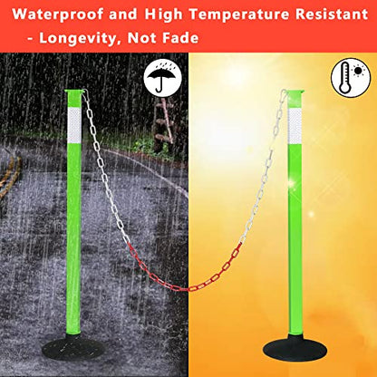 Traffic Delineator Post with Weighted Base & Reflective Collars, Adjustable Parking Cones with 4 FT Chains, Portable Green Driveway Barrier Pole for Traffic Crowd Control（Patented） - size: 2 Pack-Green