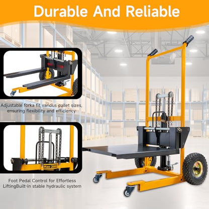 MMS Foldable Hydraulic Material Lift Winch Stacker, 450 Lbs 35.8" Max Lift w/ 9" Wheels 360° Swivel Casters, Pallet Truck Dolly, Fork Lift Table Cart, Pallet Jack, Removable Platform, Adjustable Forks