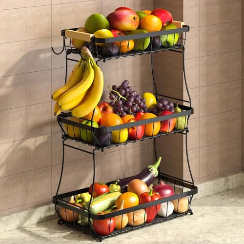 Sevenblue 3-Tier Fruit Basket with Banana Hangers, Detachable Metal Bowl - color: Black, size: 3 Tier