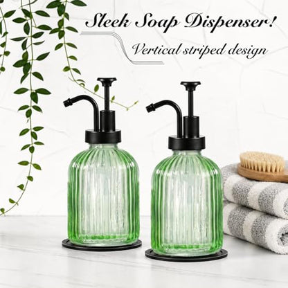 SheeChung 12oz Green Glass Liquid Soap Dispenser, Black Pump,Striped,1 Pack - color: Green, Black Pump, 1pc