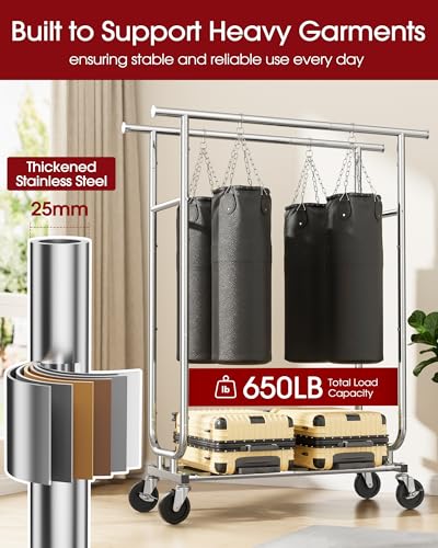 Sakugi Stainless Steel Double Rod Clothes Rack, 43.5x16.5x65.9, Black - color: Silver, size: 43.5" x 16.5" x 65.9"(2 Rods)