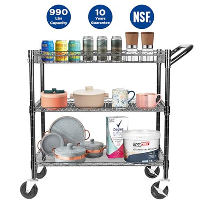 WDT 990Lbs Capacity Heavy Duty Rolling Utility Cart, NSF Rolling Carts with Wheels,Commercial Grade Metal Cart with Handle Bar & Shelf Liner,Trolley Serving Cart for Restaurant,Kitchen,Black - color: Black-3 Tier