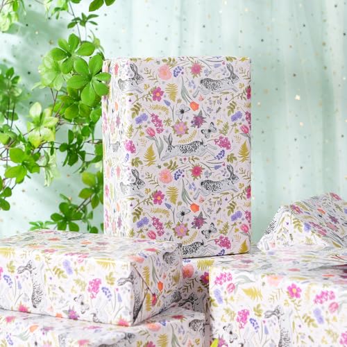 Ulmasinn Easter Wrapping Paper Roll - 17 Inches x 33 Feet - Adorable Bunny Rabbits and Flower Design with Cut Lines Great for Traditional Easter, Holiday and Party - color: Floral-Easter
