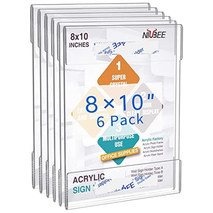 NIUBEE 8x10 Acrylic Sign Holder Wall Mount Clear Frame 6 Pack - size: 8x10"