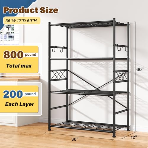 DurayLoly 5-Tier Metal Shelving with Hooks & Side Panel for Kitchen Pantry - size: 36" W x 12" D x 60" H (4T)