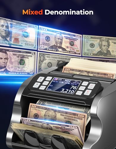 MUNBYN IMC22 Money Counter Machine Mixed Denomination, Dual-Display, CIS/UV/IR/MG Counterfeit Detection Bill Counter, USD, MXN, EUR, CAD Cash Counter for Business, Merchant, 2Y Protect (Black) - color: Black