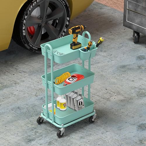 Simple Houseware 3-Tier Rolling Utility Cart with Hanging Bucket, Turquoise - color: Turquoise, size: 3-Tier
