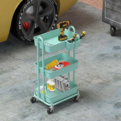 Simple Houseware 3-Tier Rolling Utility Cart with Hanging Bucket, Turquoise - color: Turquoise, size: 3-Tier