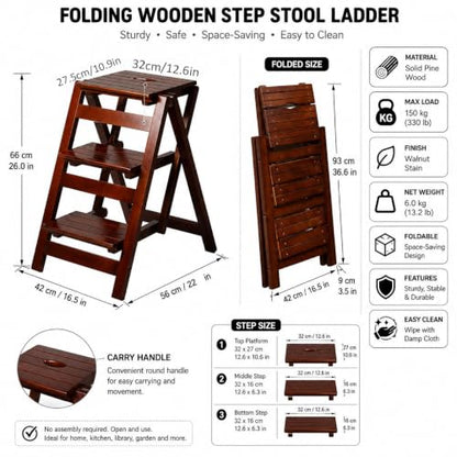 3-Step Wooden Folding Step Stool – Solid Pine Frame, Non-Slip Steps, Anti-Scratch Base, 337lb Capacity – No Assembly Required, Space-Saving for Kitchen & Home – Walnut (Dark Walnut) - color: Dark Walnut