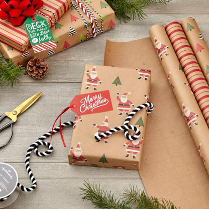 Hallmark Christmas Wrapping Paper Rolls, Brown Kraft Holiday Gift Wrap (Pack of 3: 90 sq. ft. ttl) Kraft with Santas, Trees, Stripes