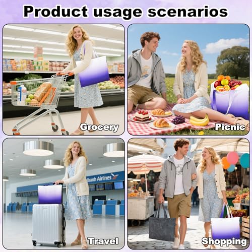 HOLYLUCK Tote Bag with a Detachable Small Bag, Foldable Reusable Grocery Bags 20L Shopping Bag - color: Gradient Purple