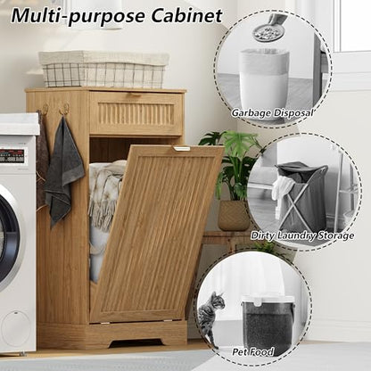13 Gallons Tilt Out Trash Can Cabinet, Fluted Trash Cabinet, Natural Oak - color: Natural Oak, size: 13 Gallons