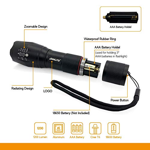 LED Flashlight High Powered – 1200 Lumens Bright Zoomable Spotlight or Floodlight - 5 Modes - Brightest Ultra Light, Pocket Size, Waterproof, Tactical - Camping, Travel, Emergencies