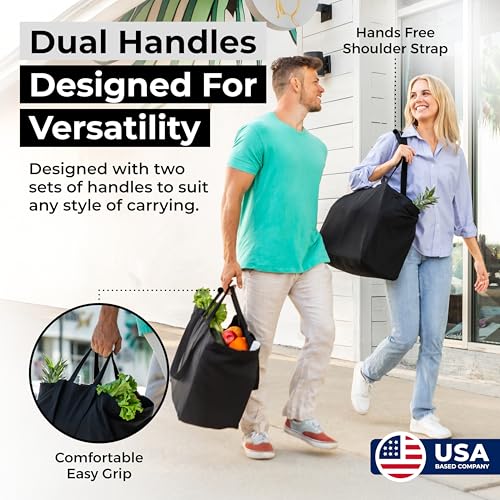 VeraMia Canvas Grocery Bag 3pc XL Set with Real Pockets, Long Shoulder Strap and Short Handle. Heavy Duty, Foldable, Washable - color: Black