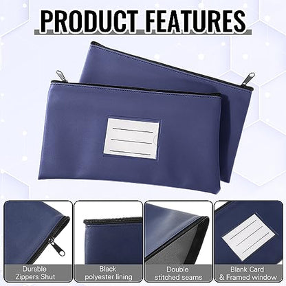 Paterr 6 Pcs Money Bags with Zipper PU Leather Deposit Bank Bag Security Money Pouch Receipt Holder Bank Pouch Wallet with Label for Cash Coin Makeup Cosmetics Bills Tickets, 11 x 6 Inch(Navy Blue) - color: Navy Blue