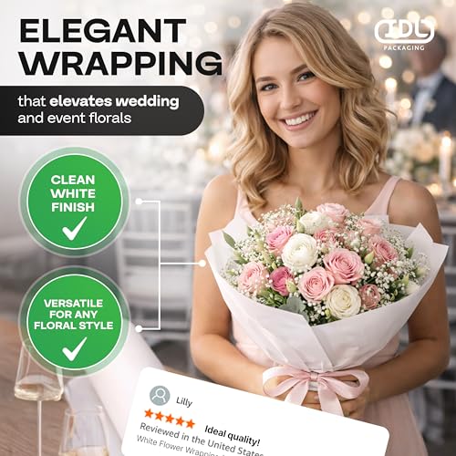 IDL Packaging White Flower Wrapping Paper, 18"x1200" (100 feet) - USA-Made Premium 50lb Thick Bouquet Wrapping Paper - Elegant Flower Wrap Roll for Weddings, Ceremonies & Special Events - color: White, size: 18" X 100 Feet