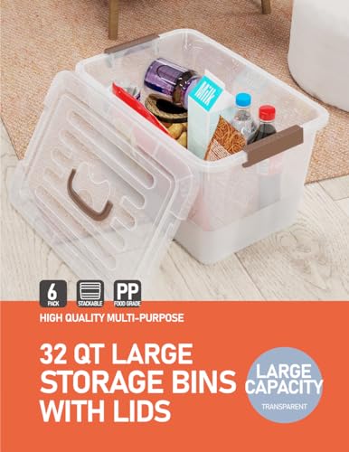 WYT 32 Qt Plastic Clear Storage Bin with Durable Lids and Latching Buckle, 6-Pack Tote Organizing Box Stackable and Nestable - size: 32qt - 6 pack