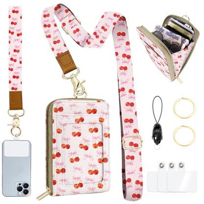 Easy Carry Roomy Leather Zipper Lanyard Wallet for Women, Adjustable Lanyard with ID Holder, RFID Badge Holder, Pink Bow Wallet with Wristlet Strap and Keychain for Teacher Work Office Gift - color: Bow Cherry