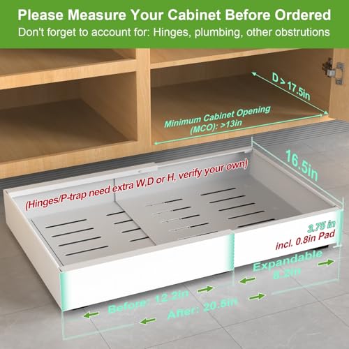 ANTOWIN 1-Pack Expandable Pull Out Cabinet Organizer 16.5"Deep(12.2"-20.5"W), 3 Full Extension Glides Slide Out Drawers, Roll Out Shelves Adhesive Raising Pad,Compatible Framed Cabinets,90lb Cap,White - size: 16.5"D x 12.2"-20.5"W(1Pack) White