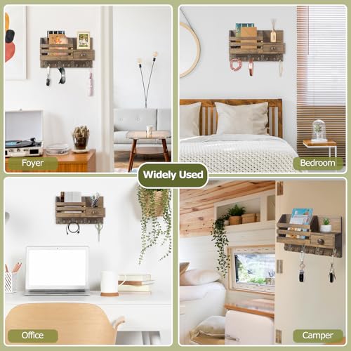 Key Holder Wall Mount, Wooden Key and Mail Organizer, Brown - color: Brown