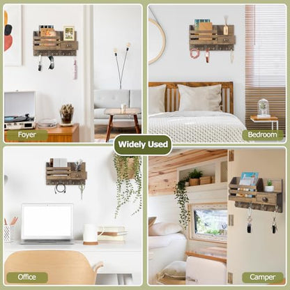 Key Holder Wall Mount, Wooden Key and Mail Organizer, Brown - color: Brown